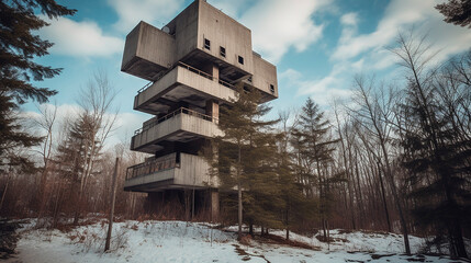generative ai illustration of brutalist house in the forest in winter