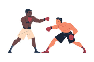 Two professional boxers in sports shorts and boxing gloves punching his opponent on ring cartoon vector illustration