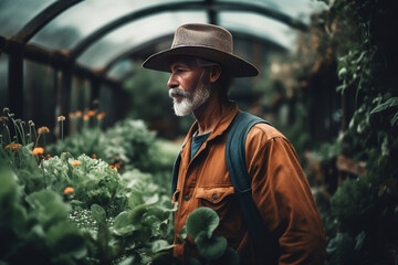 a shot of a regenerative agriculture farmer in their greenhouse, surrounded by lush, vibrant plants