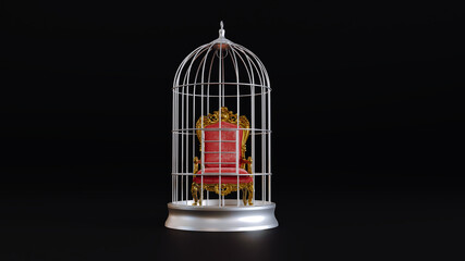 3D render of king throne inside a silver cage on black background.