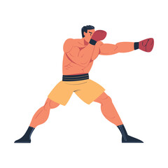 Muscular man in shorts and boxing gloves throwing punches while fighting cartoon vector illustration