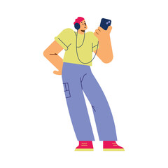 Man with mobile phone listening to music podcast, vector illustration isolated.