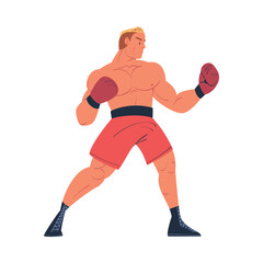 Fototapeta na wymiar Muscular man in red shorts and boxing gloves throwing punches cartoon vector illustration