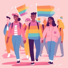 Naklejka premium Group of queer people and allies in diverse, intersectional protest for LGBTQ+ rights 
