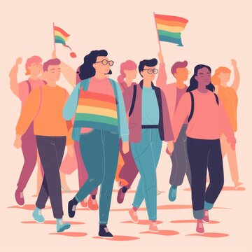 Group of queer people and allies in diverse, intersectional protest for LGBTQ+ rights 