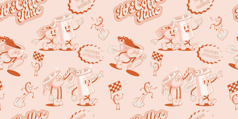 Coffee retro cartoon fast food seamless pattern. Comic character, slogan, quotes and other elements for burger bar, cafe, restaurant. Groovy funky trendy vector illustration and background.