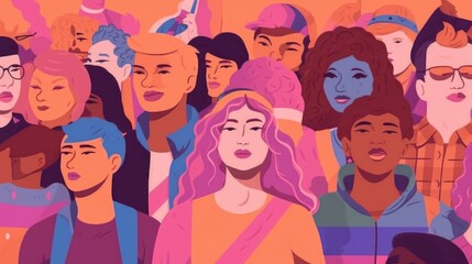 Group of diverse trans men and women marching for trans rights  - obrazy, fototapety, plakaty