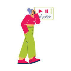 Happy woman walking and listening to music or podcast, flat vector illustration isolated on white background.