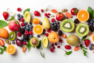 fruits and vegetables on white background. Healthy food concept. banner, Generative AI