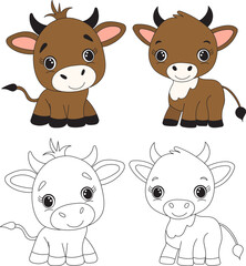 bull, calf childrens coloring book isolated vector