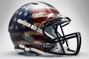 Fototapeta premium American football helmet with United States flag, sports concept, white background. Generative AI