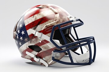 Fototapeta premium American football helmet with United States flag, sports concept, white background. Generative AI