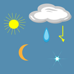weather illustration cloud sun rain thunderstorm snowflake , on a blue background.