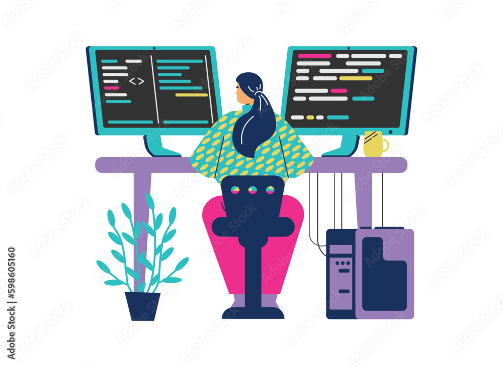 Wall mural woman sitting at table and coding on computer with two monitors, flat vector illustration isolated o