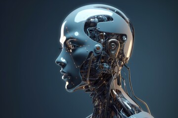 Technological robot, artificial intelligence concept, black background. Generative AI