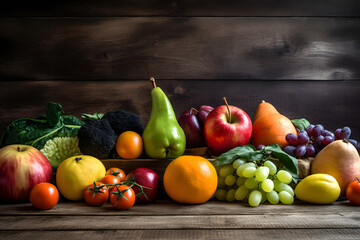 Healthy food background, different fruits and vegetables on wooden table, banner, Generative AI