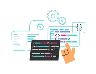 Web software development and coding banner or emblem, vector isolated.