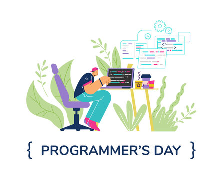 Programmer&rsquo;s day greeting card, young man writing code on laptop - flat vector illustration on white background.