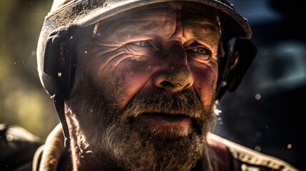 Close - up of a man's face covered in sweat, pushing a self - propelled gas mower up a steep hill, with intense midday sun lighting. Generative AI