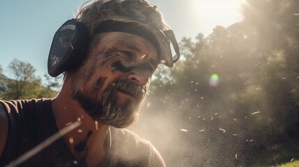 Fototapeta premium Close - up of a man's face covered in sweat, pushing a self - propelled gas mower up a steep hill, with intense midday sun lighting. Generative AI