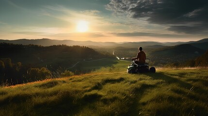 Photo of Low angle shot of a man mowing a hillside with a push mower, with a view of the green valley below and a dramatic sunset sky. Generative AI