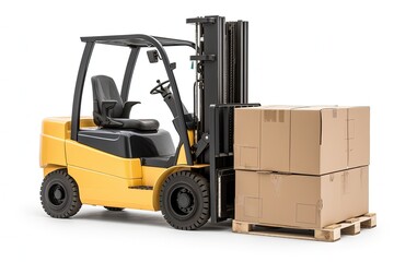 Forklift truck and cardboard boxes, white background. Generative AI