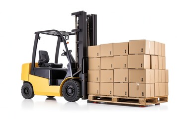 Forklift truck and cardboard boxes, white background. Generative AI