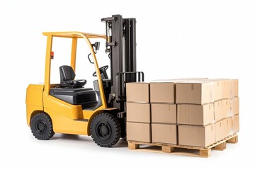Forklift truck and cardboard boxes, white background. Generative AI
