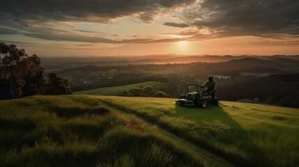 Fototapeta premium Photo of Low angle shot of a man mowing a hillside with a push mower, with a view of the green valley below and a dramatic sunset sky. Generative AI
