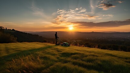 Fototapeta na wymiar Photo of Low angle shot of a man mowing a hillside with a push mower, with a view of the green valley below and a dramatic sunset sky. Generative AI