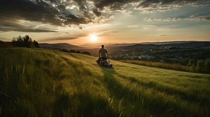 Photo of Low angle shot of a man mowing a hillside with a push mower, with a view of the green valley below and a dramatic sunset sky. Generative AI