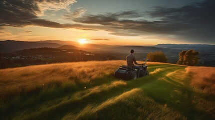 Photo of Low angle shot of a man mowing a hillside with a push mower, with a view of the green valley below and a dramatic sunset sky. Generative AI