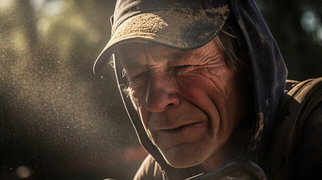 Close - up of a man's face covered in sweat, pushing a self - propelled gas mower up a steep hill, with intense midday sun lighting. Generative AI