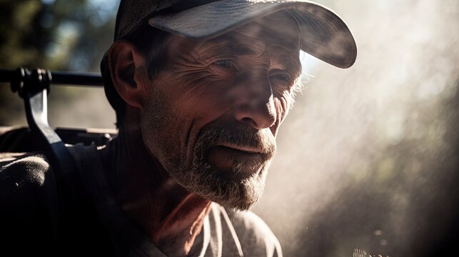 Close - up of a man's face covered in sweat, pushing a self - propelled gas mower up a steep hill, with intense midday sun lighting. Generative AI