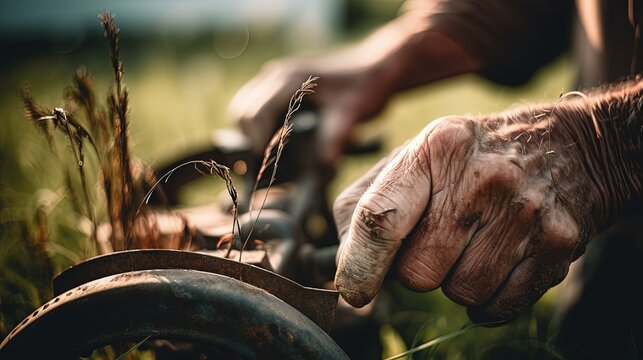 Close - up of a man's hands on the handlebar of a rusty old push mower, with peeling paint and blades covered in grass clippings, under diffused morning light. Generative AI