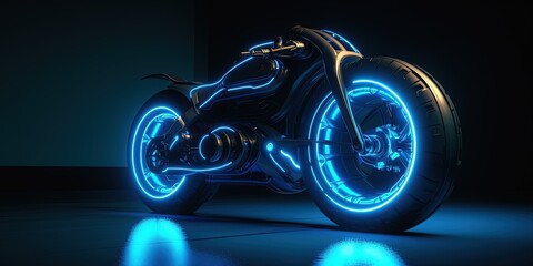 Technological motorcycle with blue neon lights, futuristic game concept, digital illustration. Generative AI