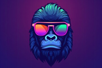 Gorilla with sunglasses on colorful gradient background, cartoon style, digital illustration. Generative AI