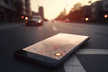 Mobile phone with map on screen, street in background, bokeh background. Generative AI