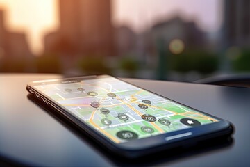 Mobile phone with map on screen, street in background, bokeh background. Generative AI