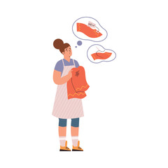 Woman holds broken apparel and chooses between repair and buying new, flat vector illustration isolated on white.