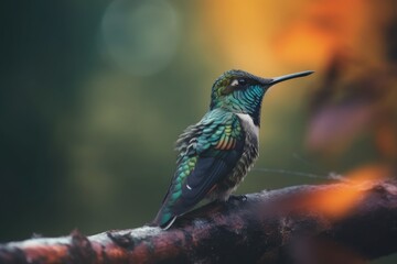 Fototapeta premium Beautiful hummingbird illustration, bokeh background, forest in background. Generative AI