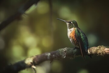 Fototapeta premium Beautiful hummingbird illustration, bokeh background, forest in background. Generative AI