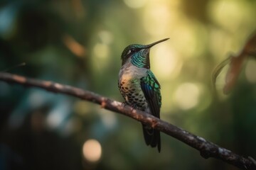 Fototapeta premium Beautiful hummingbird illustration, bokeh background, forest in background. Generative AI