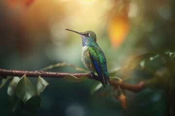 Fototapeta na wymiar Beautiful hummingbird illustration, bokeh background, forest in background. Generative AI