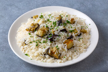 Traditional Turkish food; Eggplant rice pilaf. Turkish name; Patlicanli pirinc pilavi