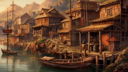 Landscape with fishing village, hills, forest and boats, artistic style. Generative AI