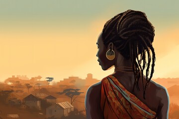 Landscape with African woman with dreadlocks, African savannah in the background, cultural concept. Generative AI