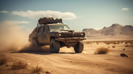 Highly customized rusty SUV rushes through the desert. Generative AI