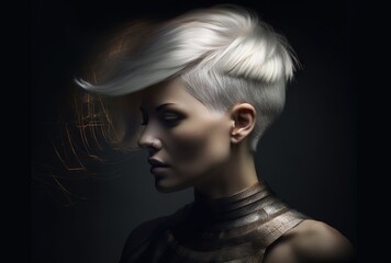 woman with a dark background with a silver mohawk