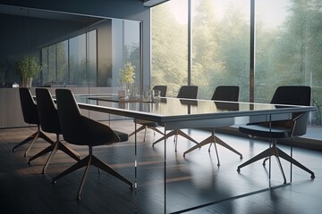 Fototapeta na wymiar Corporate meeting room, table and chairs, business concept. Generative AI